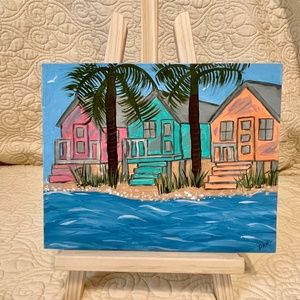 Beach Bungalows ~ Pink, Teal & Coral, 8 x10 Acrylic Painting